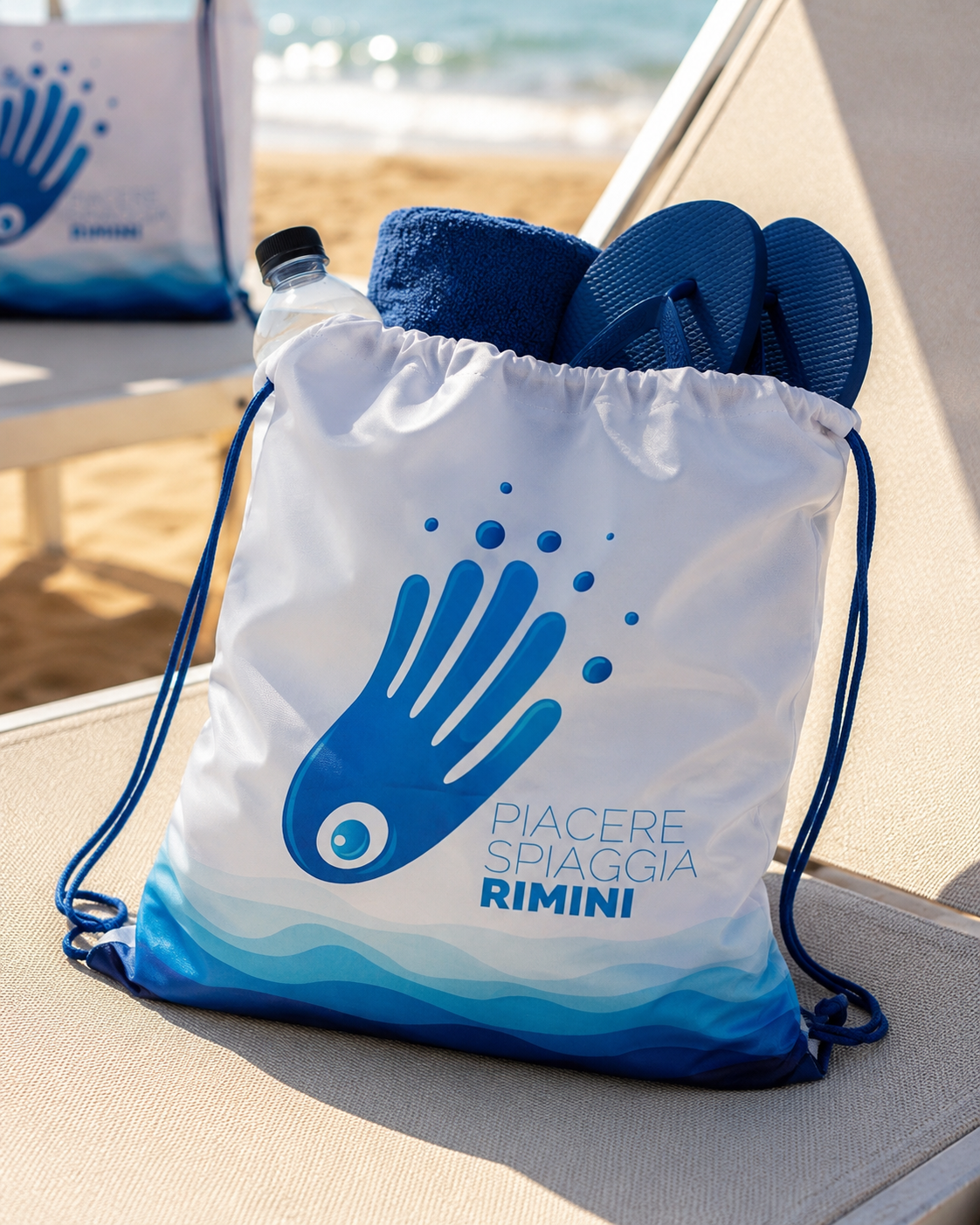 Sacca mare impermeabile Piacere Spiaggia Rimini: leggera, capiente e resistente all'acqua. Porta telo, ciabatte e accessori in spiaggia.